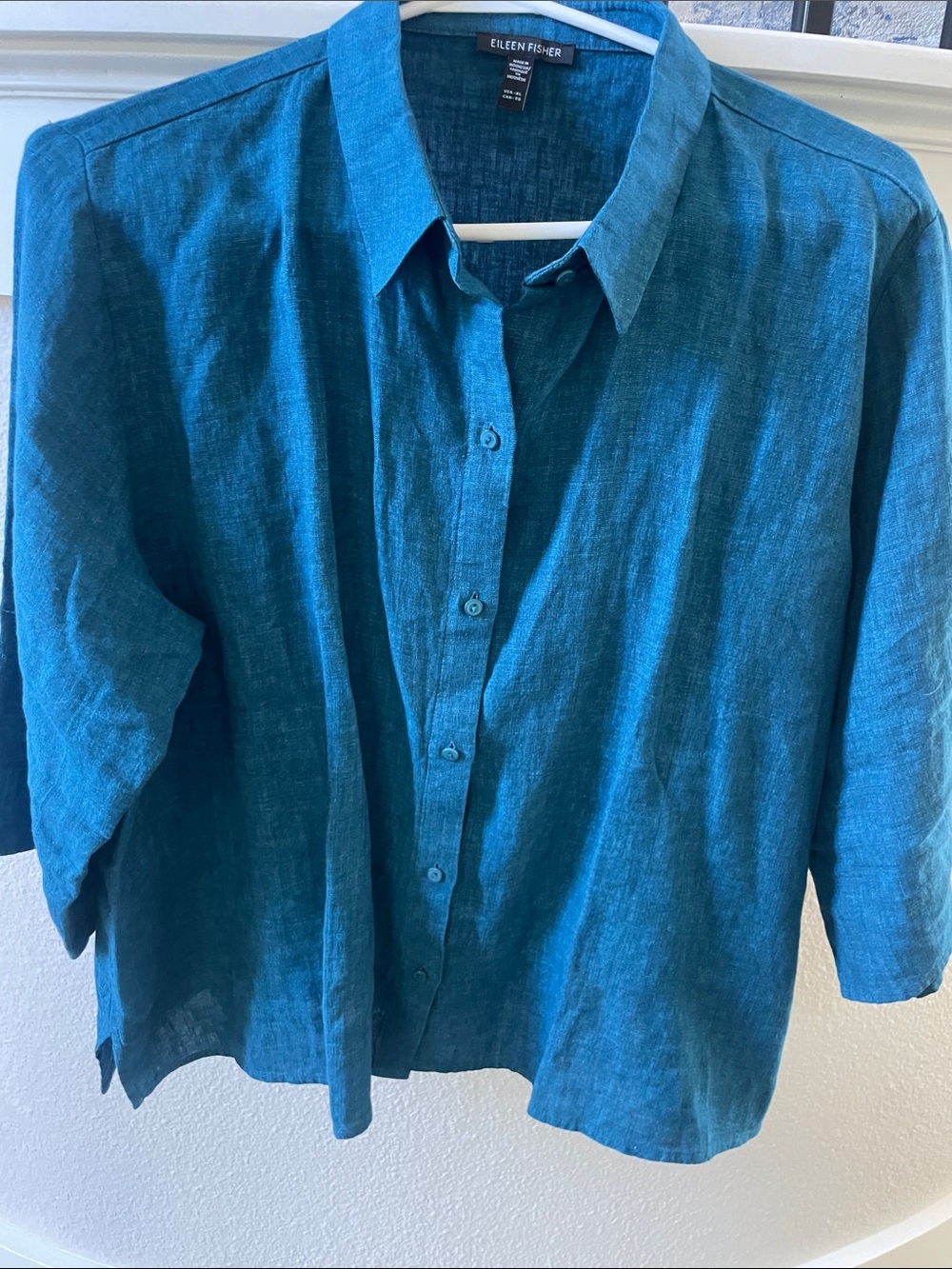 Eileen Fisher Teal Button Front Linen Shirt